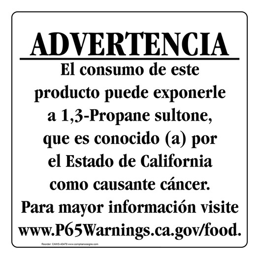 Spanish California Prop 65 Food Warning Sign CAWS-40479