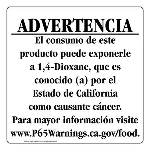 Spanish California Prop 65 Food Warning Sign CAWS-40482