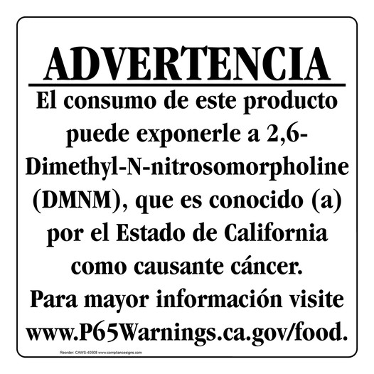 Spanish California Prop 65 Food Warning Sign CAWS-40508
