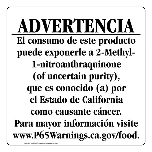 Spanish California Prop 65 Food Warning Sign CAWS-40518