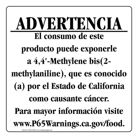 Spanish California Prop 65 Food Warning Sign CAWS-40544