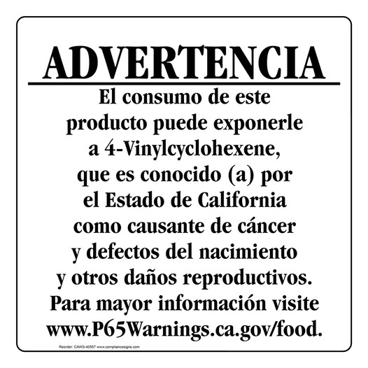 Spanish California Prop 65 Food Warning Sign CAWS-40557