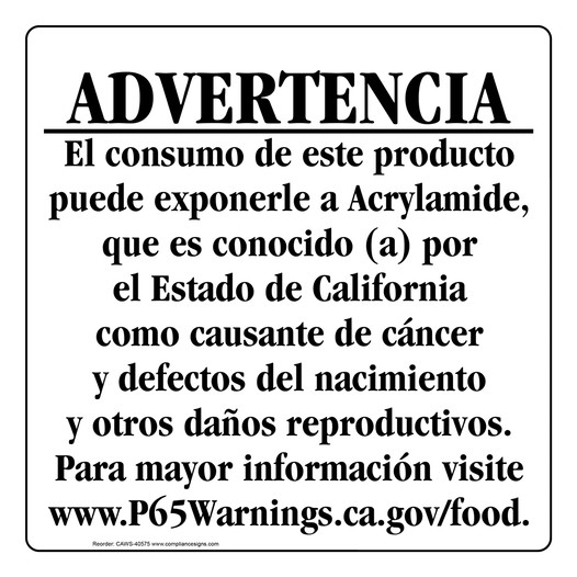 Spanish California Prop 65 Food Warning Sign CAWS-40575