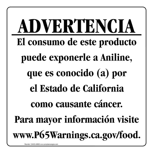 Spanish California Prop 65 Food Warning Sign CAWS-40600