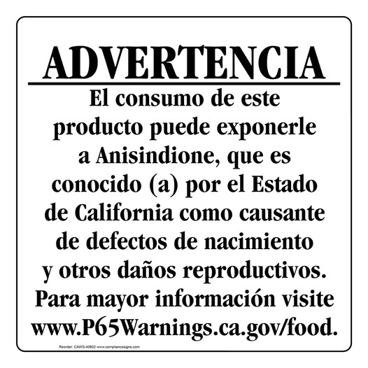 Spanish California Prop 65 Food Warning Sign CAWS-40602