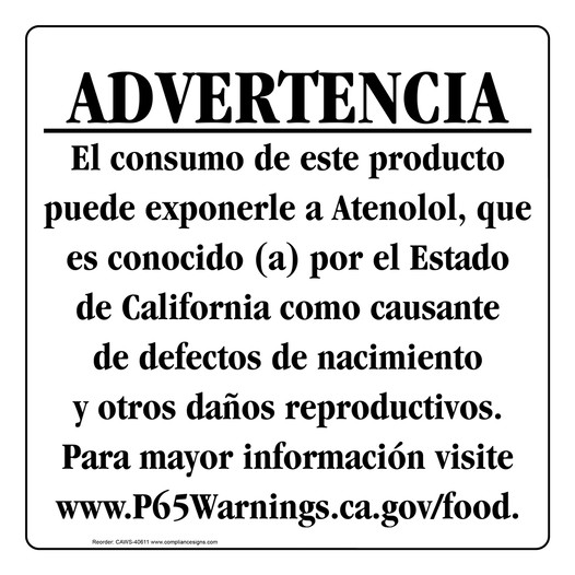 Spanish California Prop 65 Food Warning Sign CAWS-40611