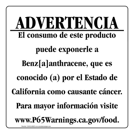 Spanish California Prop 65 Food Warning Sign CAWS-40625