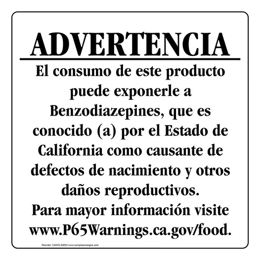 Spanish California Prop 65 Food Warning Sign CAWS-40633
