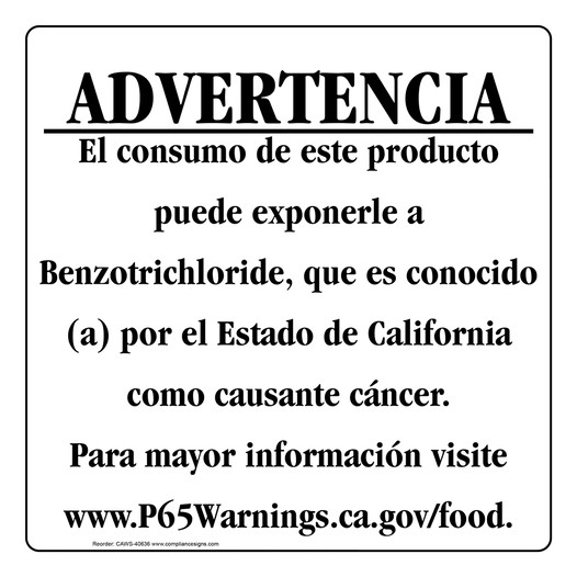 Spanish California Prop 65 Food Warning Sign CAWS-40636