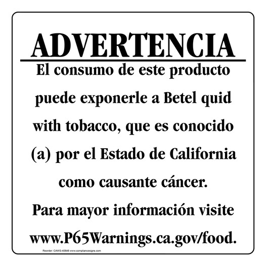 Spanish California Prop 65 Food Warning Sign CAWS-40646