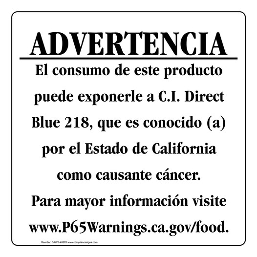 Spanish California Prop 65 Food Warning Sign CAWS-40670