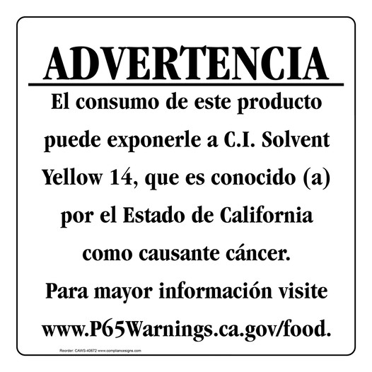 Spanish California Prop 65 Food Warning Sign CAWS-40672