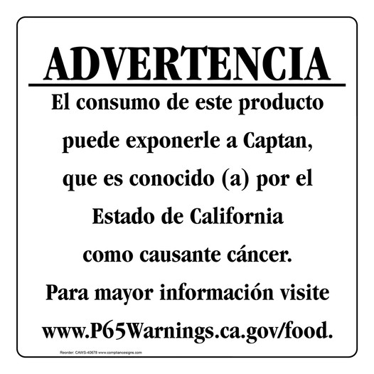 Spanish California Prop 65 Food Warning Sign CAWS-40678