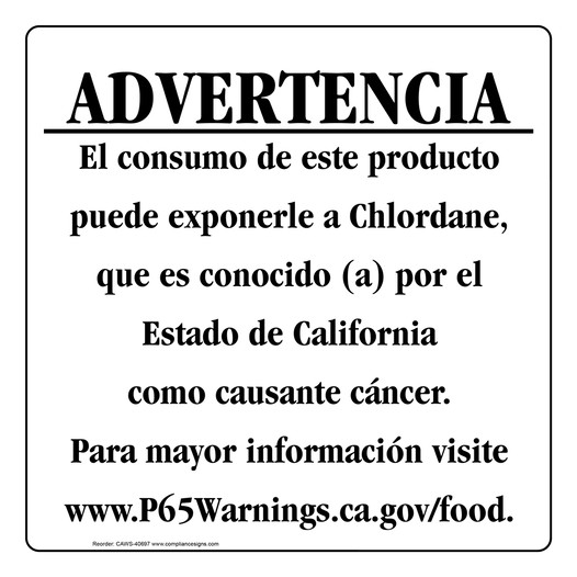 Spanish California Prop 65 Food Warning Sign CAWS-40697