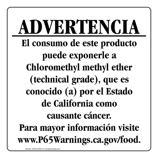 Spanish California Prop 65 Food Warning Sign CAWS-40706