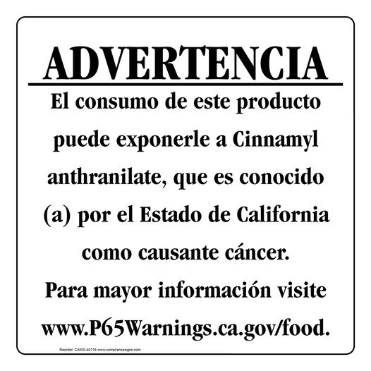 Spanish California Prop 65 Food Warning Sign CAWS-40716