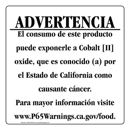 Spanish California Prop 65 Food Warning Sign CAWS-40726