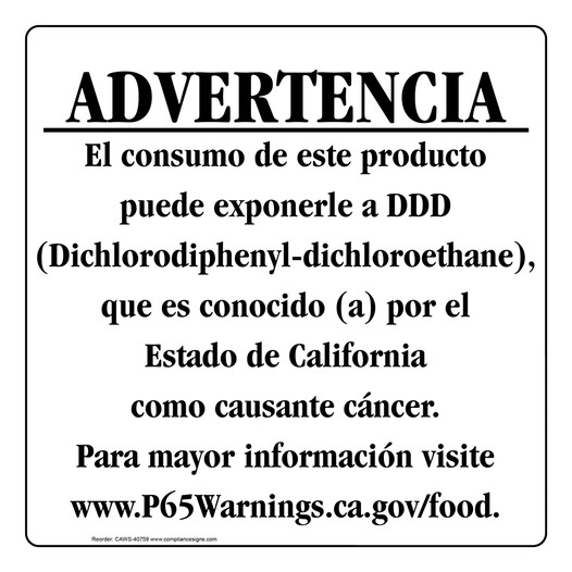 Spanish California Prop 65 Food Warning Sign CAWS-40759