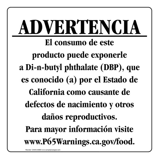 Spanish California Prop 65 Food Warning Sign CAWS-40805