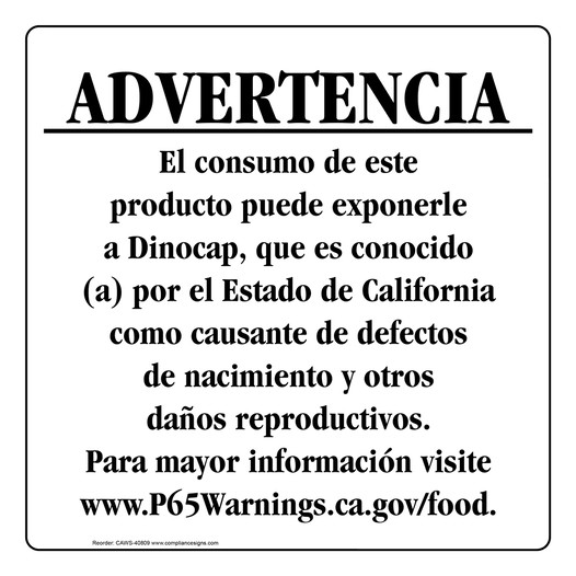 Spanish California Prop 65 Food Warning Sign CAWS-40809