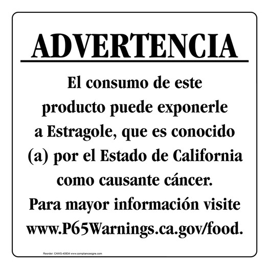 Spanish California Prop 65 Food Warning Sign CAWS-40834