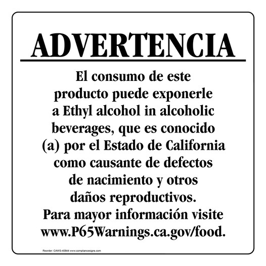 Spanish California Prop 65 Food Warning Sign CAWS-40844