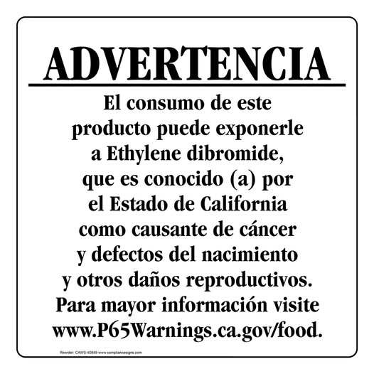 Spanish California Prop 65 Food Warning Sign CAWS-40849