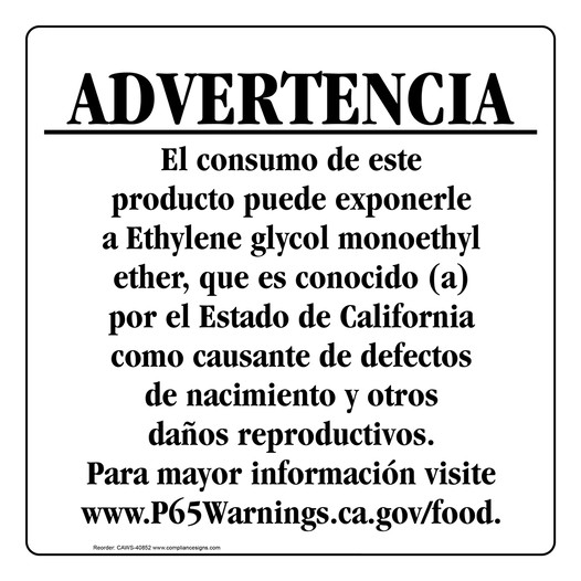 Spanish California Prop 65 Food Warning Sign CAWS-40852