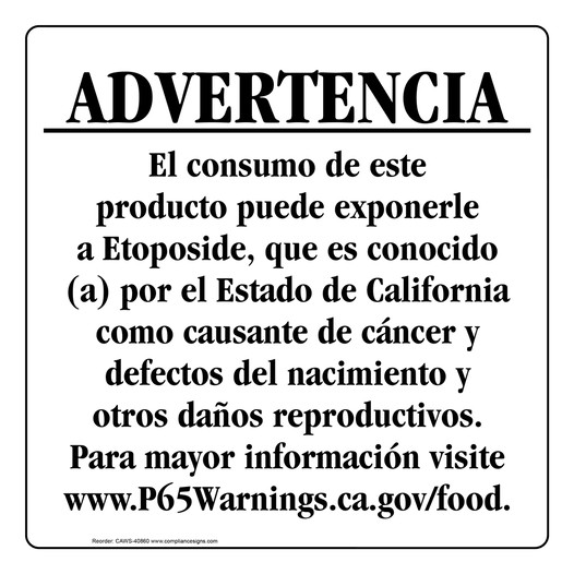 Spanish California Prop 65 Food Warning Sign CAWS-40860