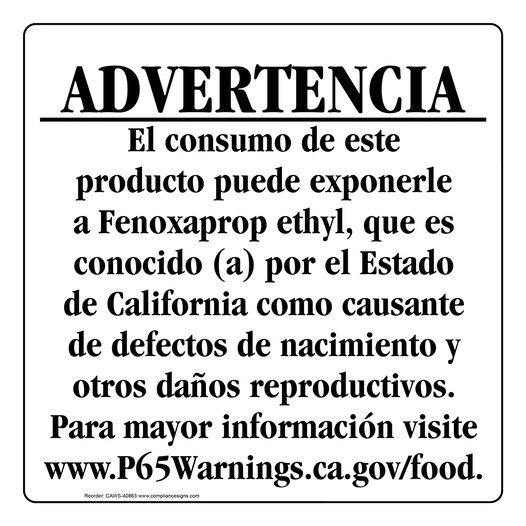 Spanish California Prop 65 Food Warning Sign CAWS-40863