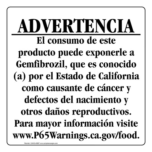 Spanish California Prop 65 Food Warning Sign CAWS-40887