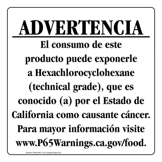Spanish California Prop 65 Food Warning Sign CAWS-40911