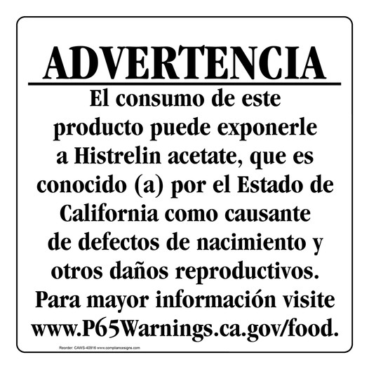 Spanish California Prop 65 Food Warning Sign CAWS-40916