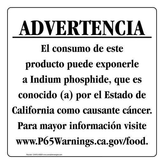 Spanish California Prop 65 Food Warning Sign CAWS-40928