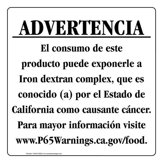 Spanish California Prop 65 Food Warning Sign CAWS-40933