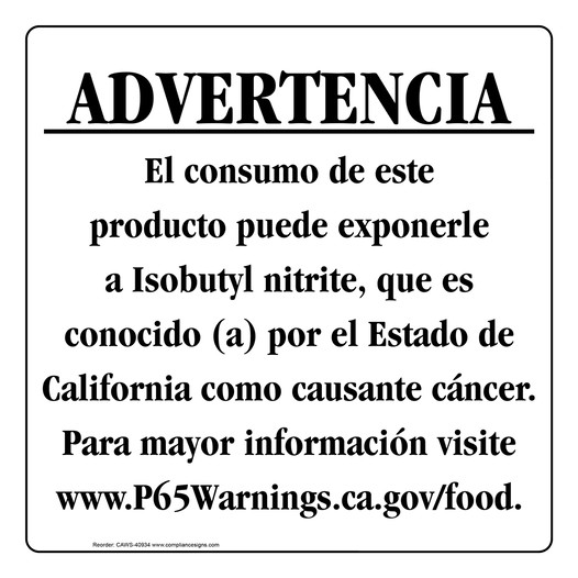 Spanish California Prop 65 Food Warning Sign CAWS-40934