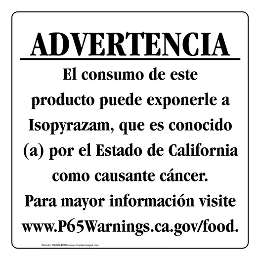 Spanish California Prop 65 Food Warning Sign CAWS-40936