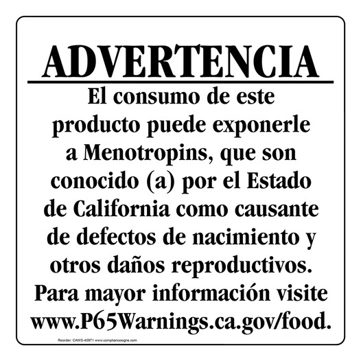 Spanish California Prop 65 Food Warning Sign CAWS-40971