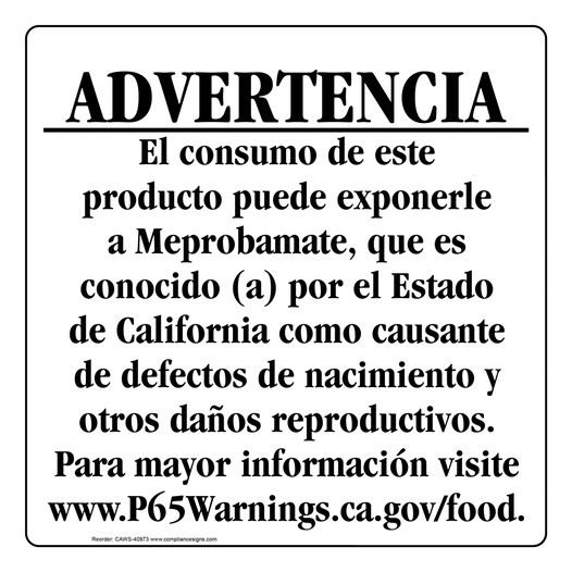 Spanish California Prop 65 Food Warning Sign CAWS-40973