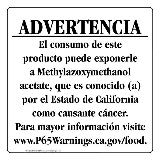 Spanish California Prop 65 Food Warning Sign CAWS-40996