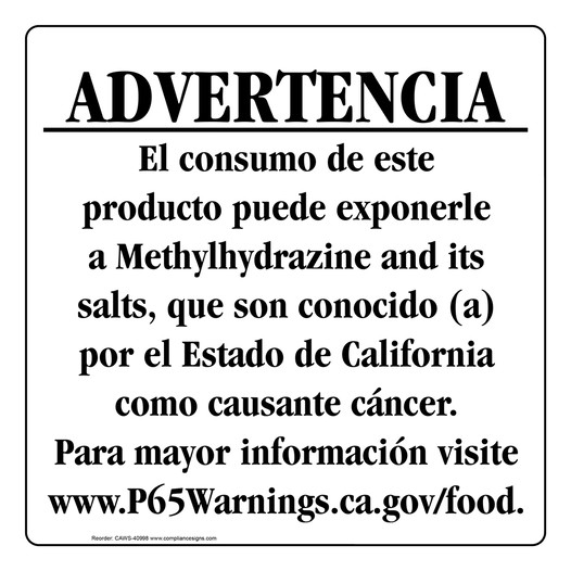 Spanish California Prop 65 Food Warning Sign CAWS-40998