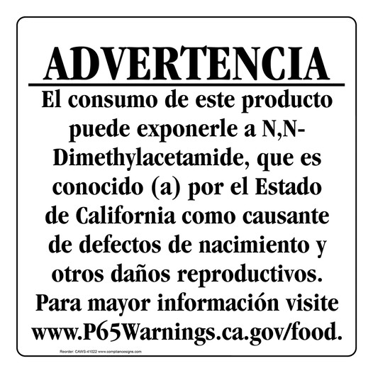 Spanish California Prop 65 Food Warning Sign CAWS-41022