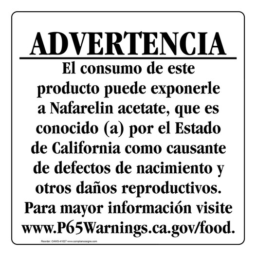 Spanish California Prop 65 Food Warning Sign CAWS-41027