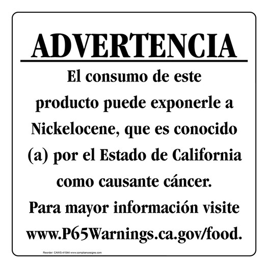 Spanish California Prop 65 Food Warning Sign CAWS-41044