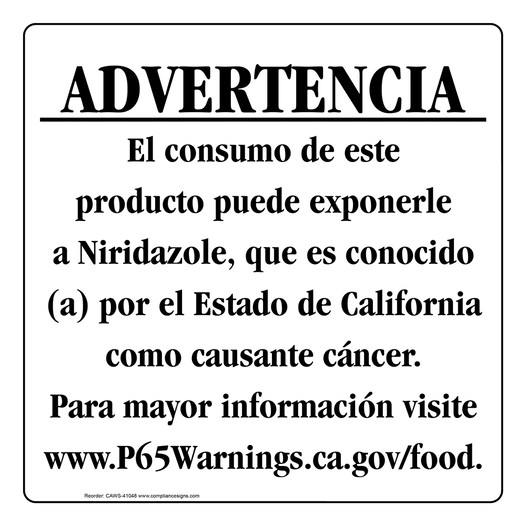 Spanish California Prop 65 Food Warning Sign CAWS-41048