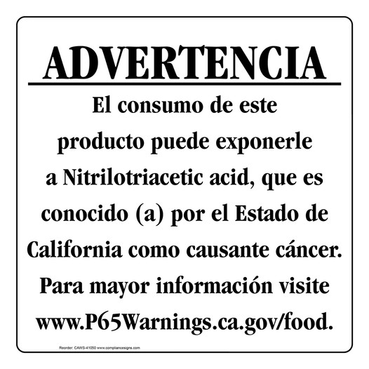 Spanish California Prop 65 Food Warning Sign CAWS-41050