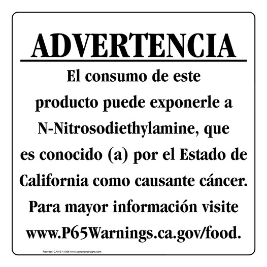 Spanish California Prop 65 Food Warning Sign CAWS-41066