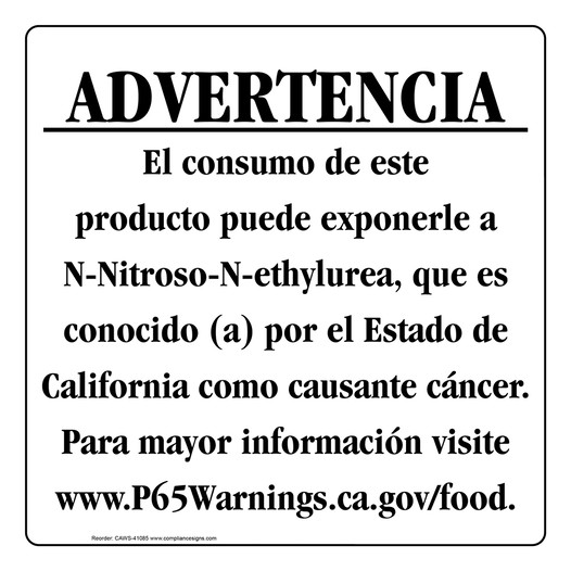 Spanish California Prop 65 Food Warning Sign CAWS-41085