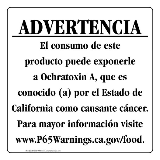 Spanish California Prop 65 Food Warning Sign CAWS-41102