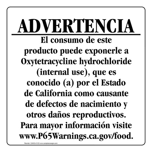Spanish California Prop 65 Food Warning Sign CAWS-41123